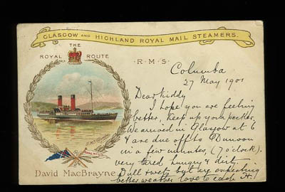 Glasgow & Highland RMS Columba MacBrayne Steamer 1901 postcard